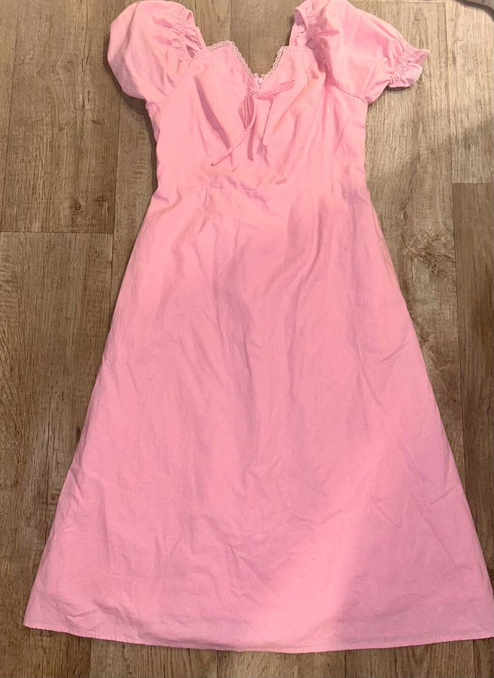 Midi Lace Collar Dress Pink Puff Sleeve Size M